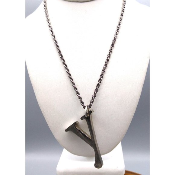 Large Silverplate Letter Initial Pendant Necklace, Silver Tone Rope Chain with Y